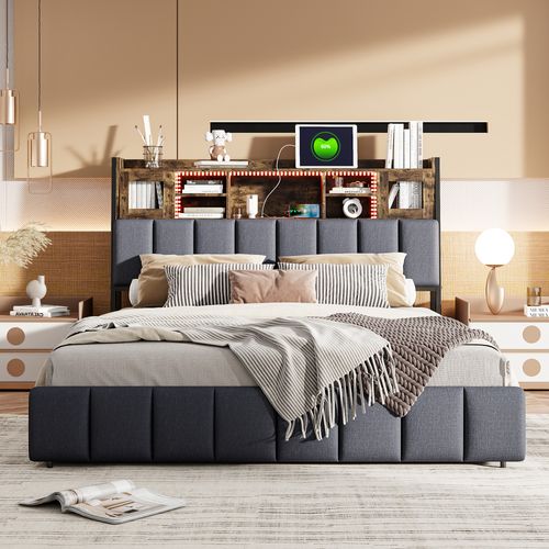 Lit Capitonné, 160 X 200 Cm, Avec Éclairage LED Et Chargement USB, Espace De Rangement, Lin, Noir