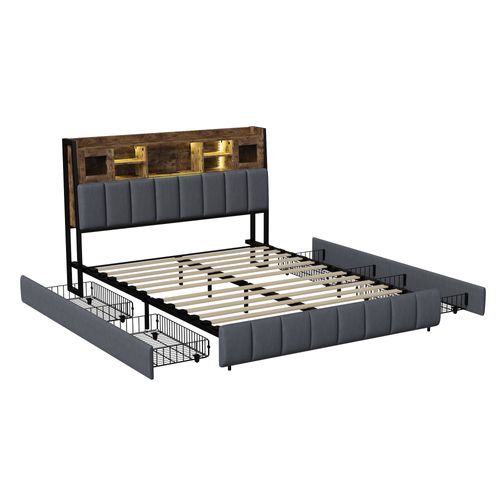 Lit Capitonné, 160 X 200 Cm, Avec Éclairage LED Et Chargement USB, Espace De Rangement, Lin, Noir