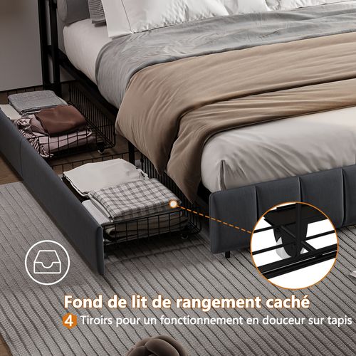 Lit Capitonné, 160 X 200 Cm, Avec Éclairage LED Et Chargement USB, Espace De Rangement, Lin, Noir