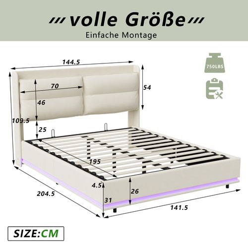Lit Moderne Rectangulaire 140x200 Cm Avec Sommier à Lattes, Rembourré, USB Et Type-c, Coffre, Beige