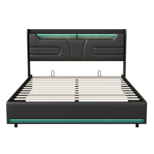 Lit Double 160x200 Cm Avec Rangement Et Port De Charge, Éclairage Par Bande Lumineuse, Noir