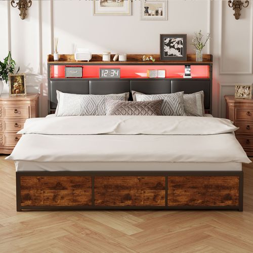 Cadre De Lit Double Marron Vintage Avec 4 Tiroirs, Cadre De Lit En Métal Éclairé Par LED, 160 X 200
