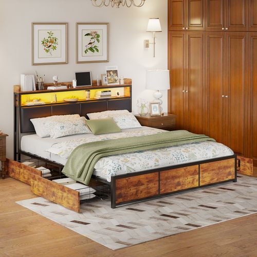 Cadre De Lit Double Marron Vintage Avec 4 Tiroirs, Cadre De Lit En Métal Éclairé Par LED, 160 X 200