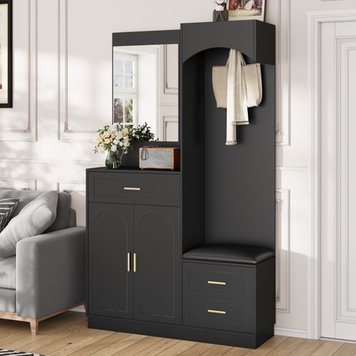 Meuble D'entrée Multifonction - Miroir, Rangement Intégré - Moderne Et Pratique,noir