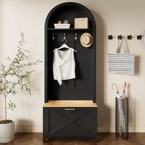 Meuble D'entrée Multifonction - Rangement Chaussures, Manteaux - Mdf Et Pieds Métal,noir