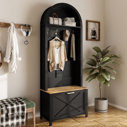 Meuble D'entrée Multifonction - Rangement Chaussures, Manteaux - Mdf Et Pieds Métal,noir