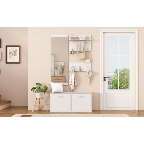 Vestiaire De Rangement 4 Pièces Blanc - Miroir, 6 Cintres, Rangement Chapeaux,Mettre dans vestiaires