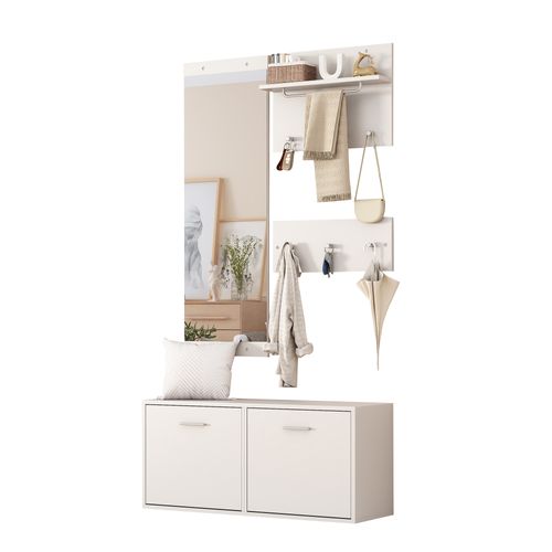 Vestiaire De Rangement 4 Pièces Blanc - Miroir, 6 Cintres, Rangement Chapeaux,Mettre dans vestiaires