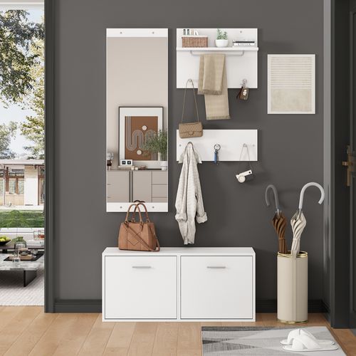 Vestiaire De Rangement 4 Pièces Blanc - Miroir, 6 Cintres, Rangement Chapeaux,Mettre dans vestiaires