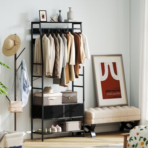 Porte-vêtements Avec Anti-renversement - 8 Cintres, 2 Tiroirs Tissu, Range-chaussures