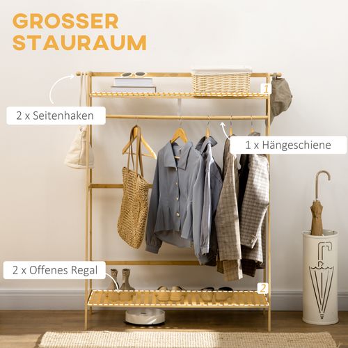 Porte-vêtements En Bambou Naturel - 2 Étagères, 2 Cintres, Barre - 114x40x139 Cm