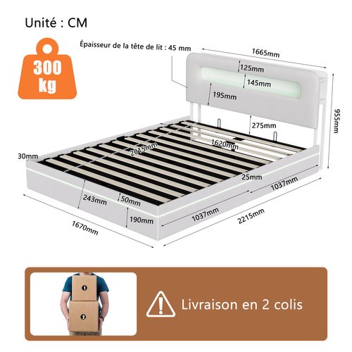 Lit Adulte Rembourré 160x200cm Avec Éclairage LED, Rangement Dans La Tête De Lit, Beige