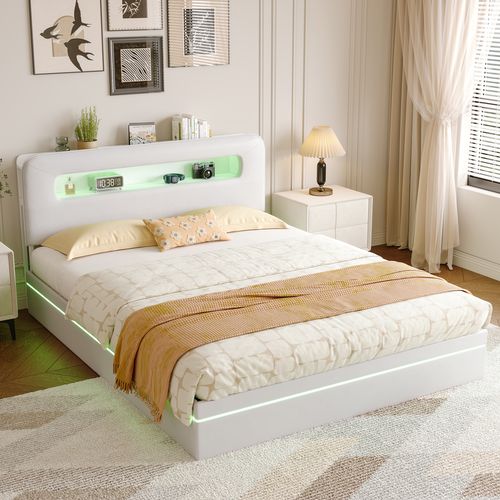 Lit Adulte Rembourré 160x200cm Avec Éclairage LED, Rangement Dans La Tête De Lit, Beige