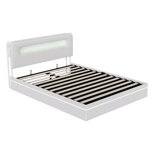 Lit Adulte Rembourré 160x200cm Avec Éclairage LED, Rangement Dans La Tête De Lit, Beige