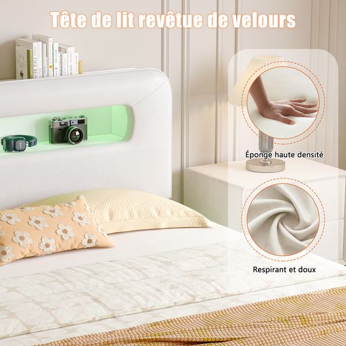 Lit Adulte Rembourré 160x200cm Avec Éclairage LED, Rangement Dans La Tête De Lit, Beige