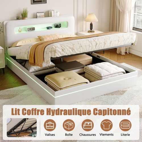 Lit Adulte Rembourré 160x200cm Avec Éclairage LED, Rangement Dans La Tête De Lit, Beige