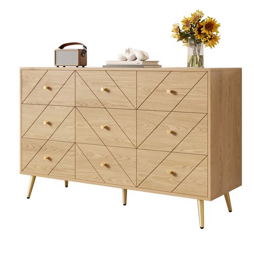 Commode Moderne 9 Tiroirs - Pieds Métal, Motifs Géométriques - Pour Toute La Maison