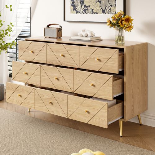 Commode Moderne 9 Tiroirs - Pieds Métal, Motifs Géométriques - Pour Toute La Maison
