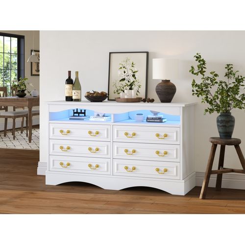 Commode Moderne 120cm - 6 Cases, LED, Rangement Semi-ouvert - Blanc