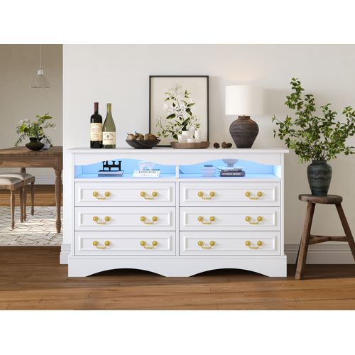 Commode Moderne 120cm - 6 Cases, LED, Rangement Semi-ouvert - Blanc