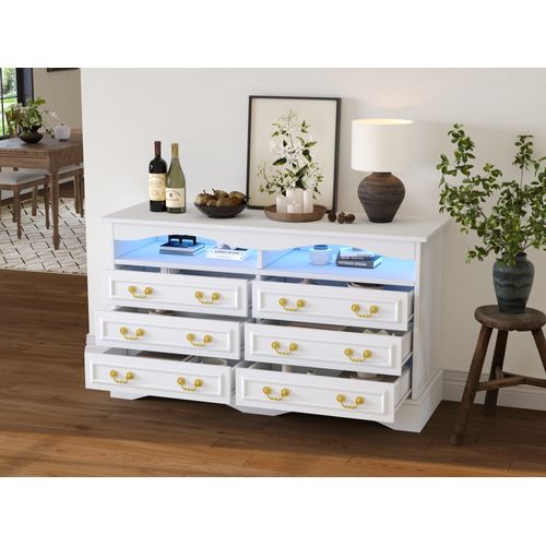 Commode Moderne 120cm - 6 Cases, LED, Rangement Semi-ouvert - Blanc