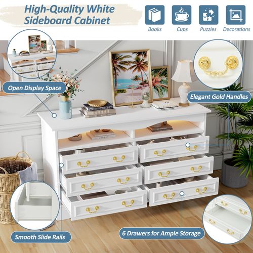 Commode Moderne 120cm - 6 Cases, LED, Rangement Semi-ouvert - Blanc