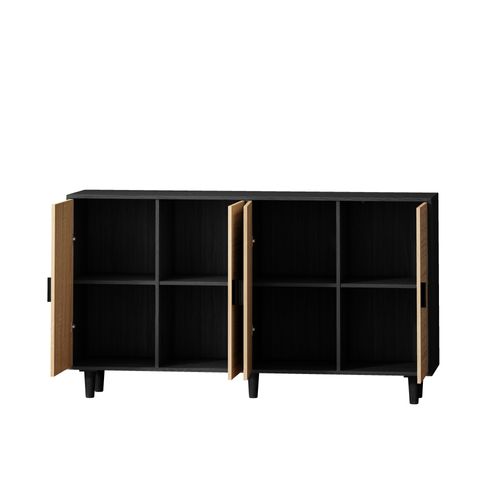 Buffet 4 Portes 158cm Avec Détails Rotin - Rangement Élégant - Noir - Pour Toute La Maison