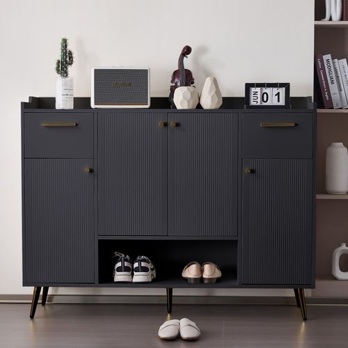 Rangement Chaussures 130cm - 2 Tiroirs, 4 Portes, Pieds Métal - Noir