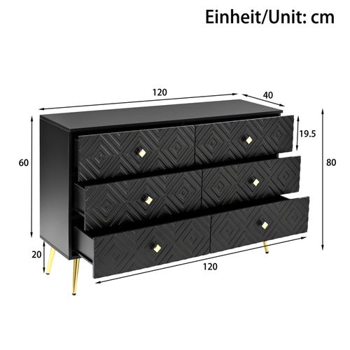 Commode Moderne 6 Tiroirs 120cm - Noir Et Or, Pieds Métal - 120x40x80 Cm