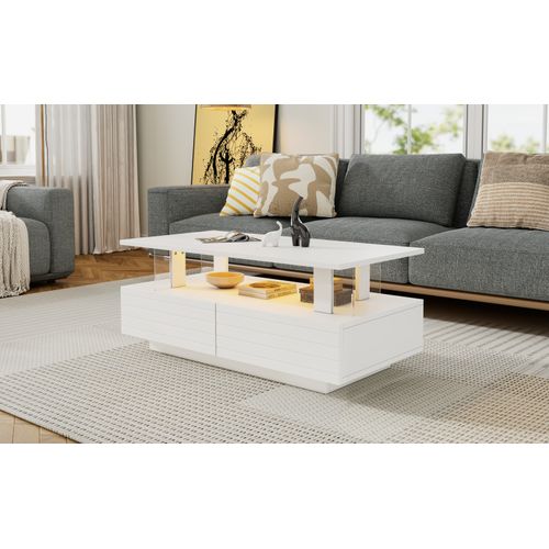 Table Basse LED Bluetooth - Contrôle Par App, Plateau Double - Blanc