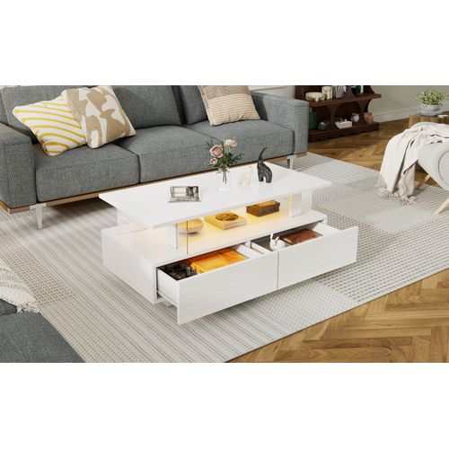Table Basse LED Bluetooth - Contrôle Par App, Plateau Double - Blanc