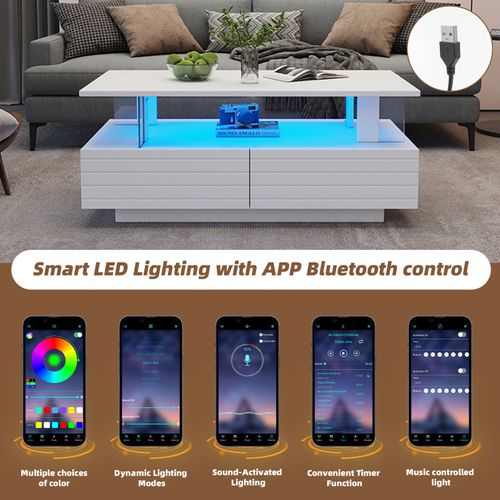 Table Basse LED Bluetooth - Contrôle Par App, Plateau Double - Blanc