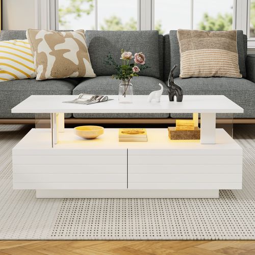 Table Basse LED Bluetooth - Contrôle Par App, Plateau Double - Blanc