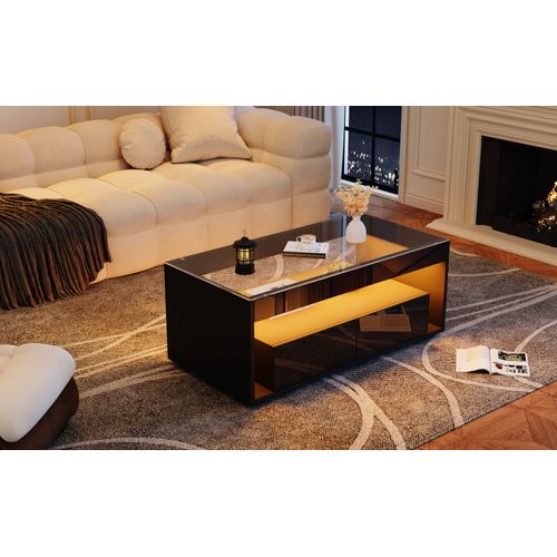 Table Basse LED 16 Couleurs - 2 Grands Tiroirs, Verre Trempé - Noir