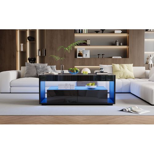Table Basse LED 16 Couleurs - 2 Grands Tiroirs, Verre Trempé - Noir