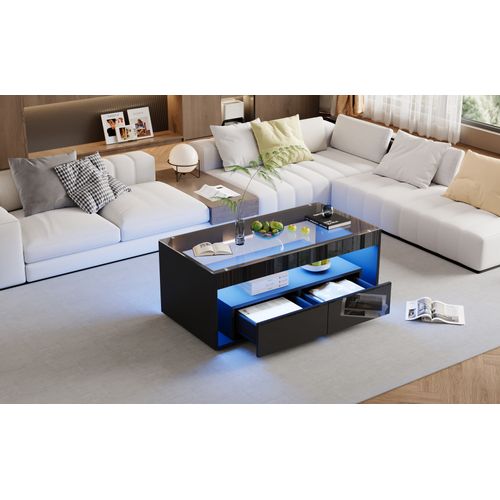 Table Basse LED 16 Couleurs - 2 Grands Tiroirs, Verre Trempé - Noir