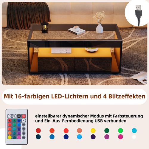 Table Basse LED 16 Couleurs - 2 Grands Tiroirs, Verre Trempé - Noir