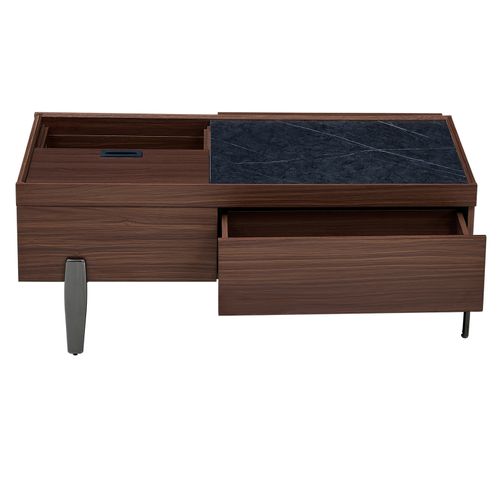 Table Basse Moderne - Plateau Verre, Dessin Marbre, Pieds Métal - Rangement