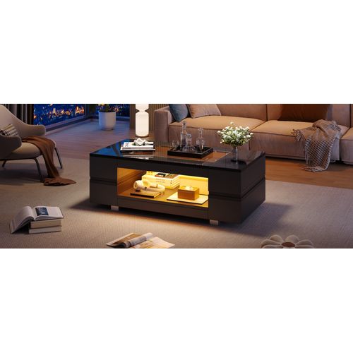 Table Basse LED Bluetooth - Contrôle Par App, Double Plateau - Noir