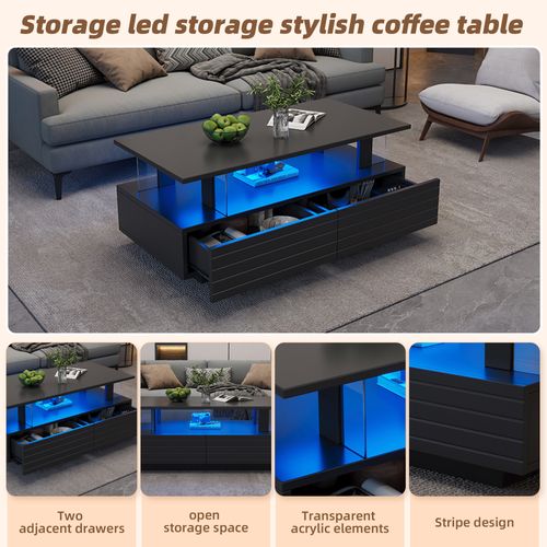 Table Basse LED - Bluetooth, 2 Plateaux - Moderne - Noir