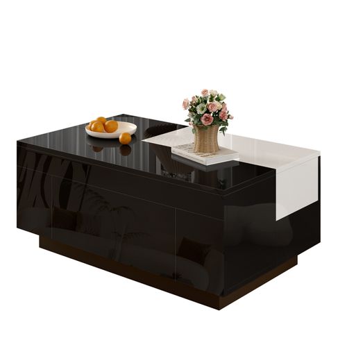 Table Basse LED Extensible - 16 Couleurs, Plateau Noir, Rangement Caché