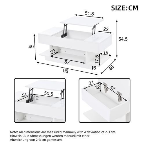 Table Basse Élévatrice LED 98cm - 2 Portes Battantes, Rangement - Blanc