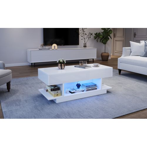 Table Basse Élévatrice LED 98cm - 2 Portes Battantes, Rangement - Blanc