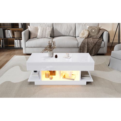 Table Basse Élévatrice LED 98cm - 2 Portes Battantes, Rangement - Blanc