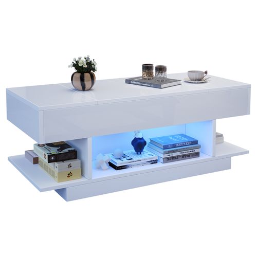 Table Basse Élévatrice LED 98cm - 2 Portes Battantes, Rangement - Blanc