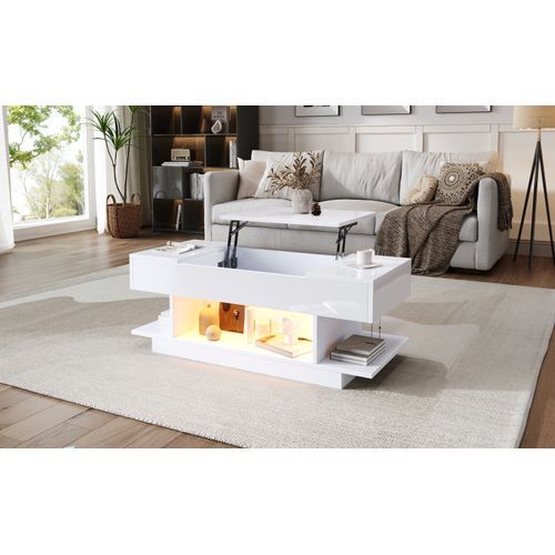 Table Basse Élévatrice LED 98cm - 2 Portes Battantes, Rangement - Blanc