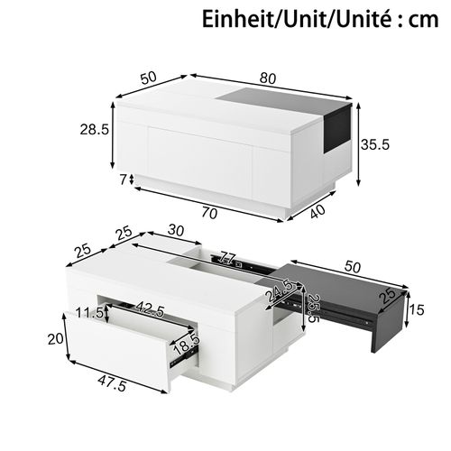 Table Basse LED Extensible - 16 Couleurs, Plateau Blanc, Rangement Caché