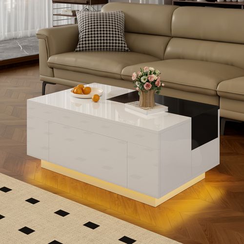 Table Basse LED Extensible - 16 Couleurs, Plateau Blanc, Rangement Caché