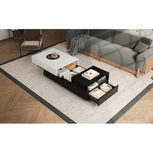 Table Basse Géométrique 100cm - Plateau Coulissant, Couture Noir/blanc - Rangement Malin