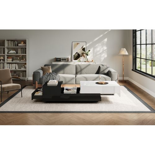 Table Basse Géométrique 100cm - Plateau Coulissant, Couture Noir/blanc - Rangement Malin